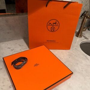 Hermes medium gift box 11” x 11” x 1.75”, ribbon, and bag